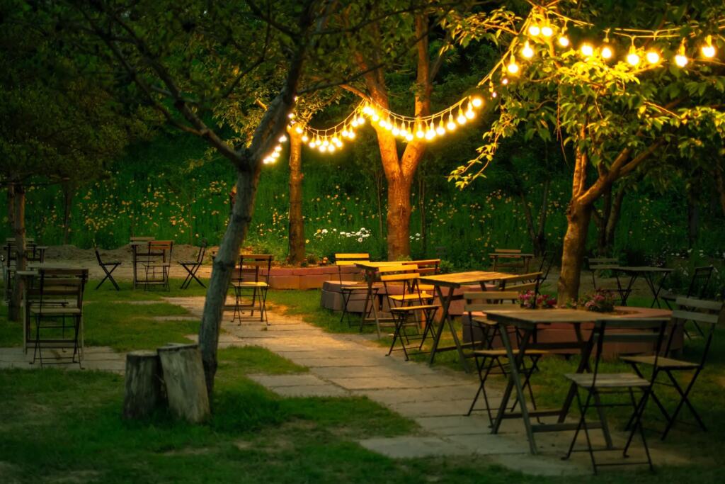 Garden patio exterior with soft evening lighting