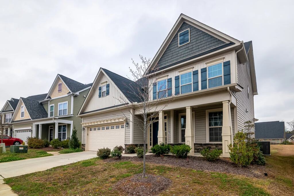 Suburban house exterior with a tidy garden